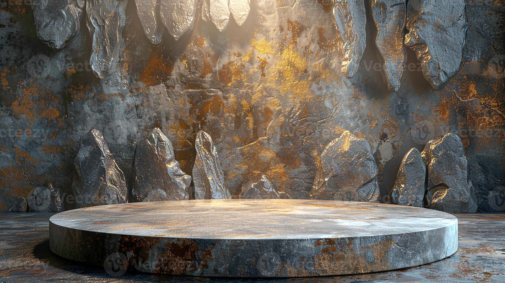 A stone pedestal in front of a wall with a light shining on it photo