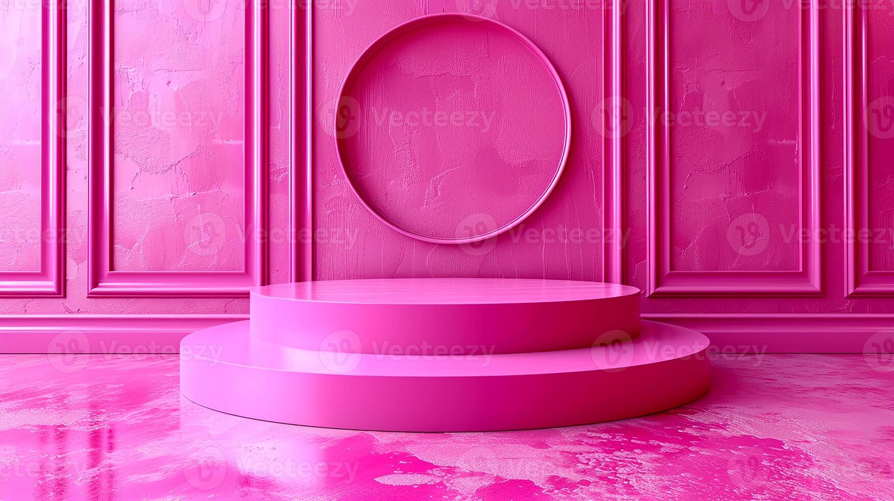 A pink room with a round mirror and a pedestal photo