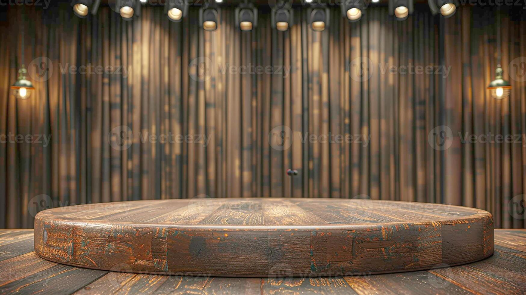 A wooden stage with a round table in front of a wall photo