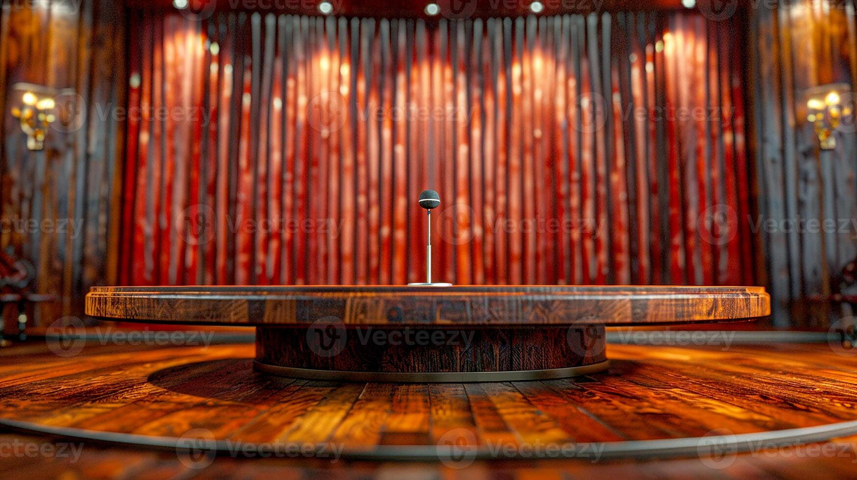 A microphone is sitting on a wooden stage photo