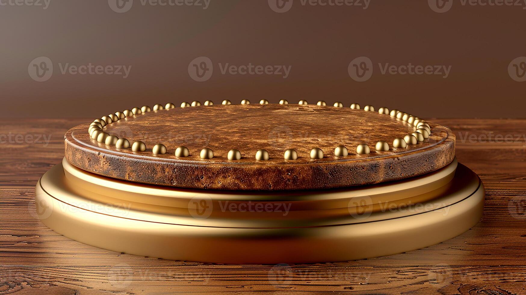 A golden round table with a wooden base and a metal top photo