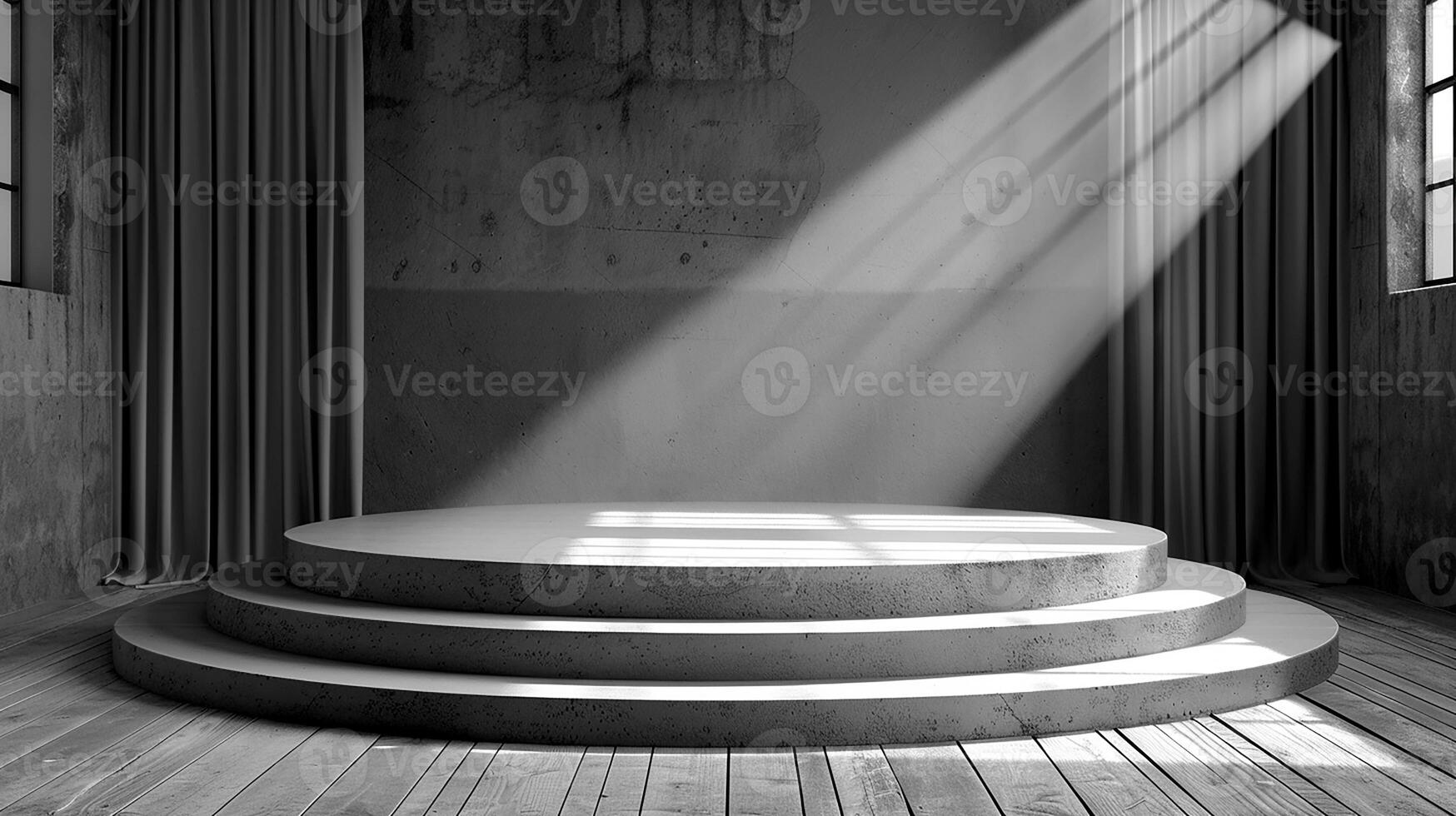 Black and white photo of a stage with a spotlight