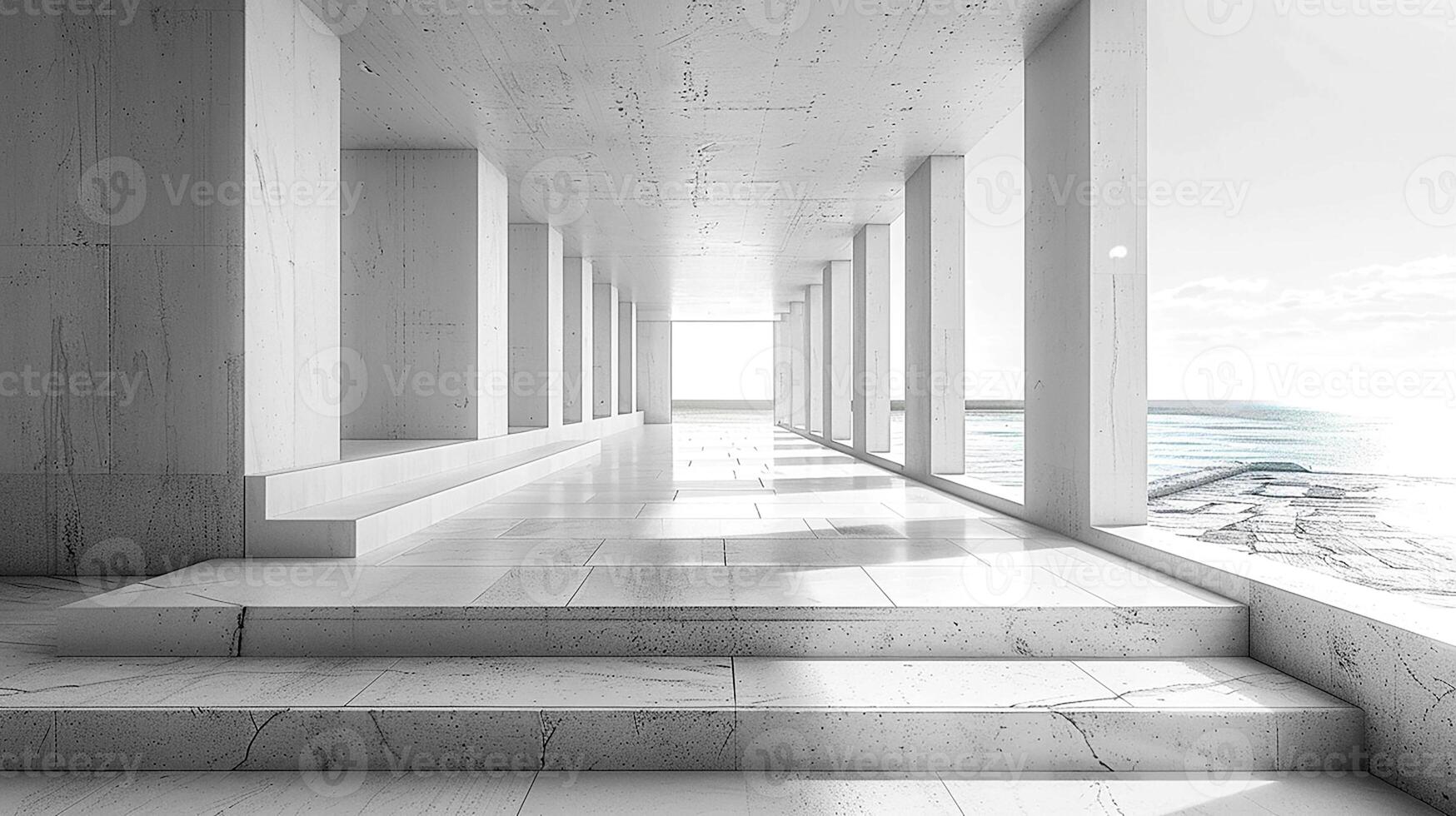 A long hallway with white marble walls and a large window photo
