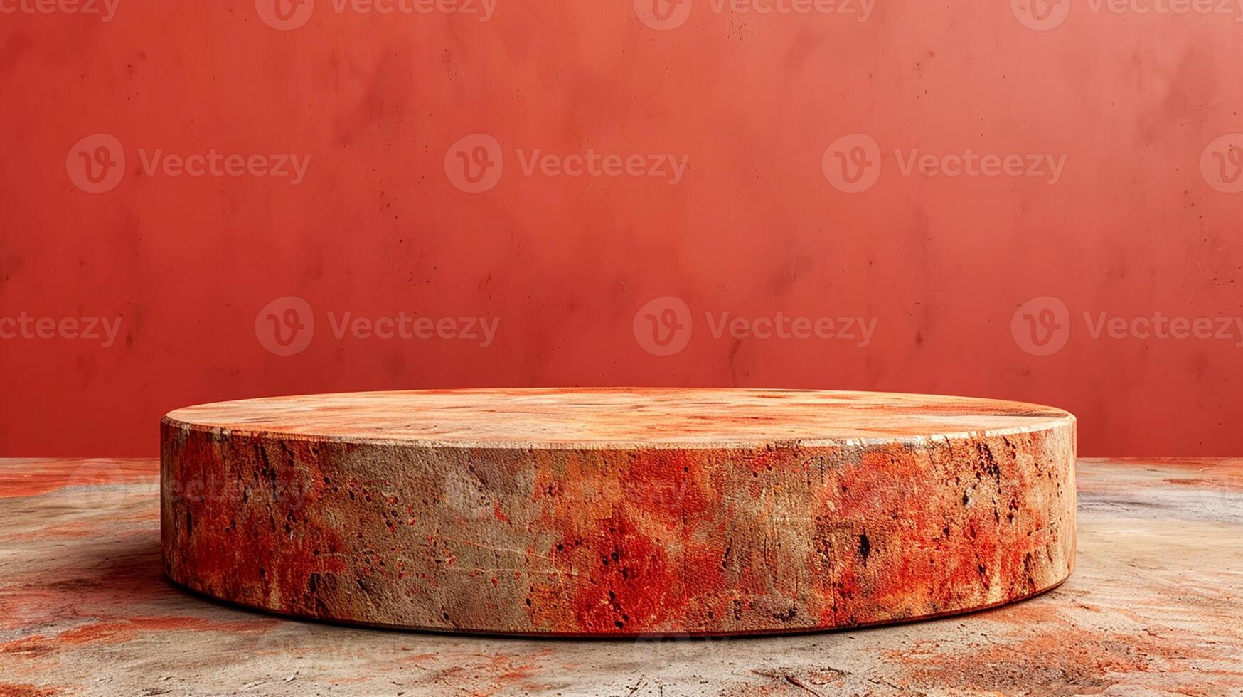 A round wooden table sitting on a concrete floor photo