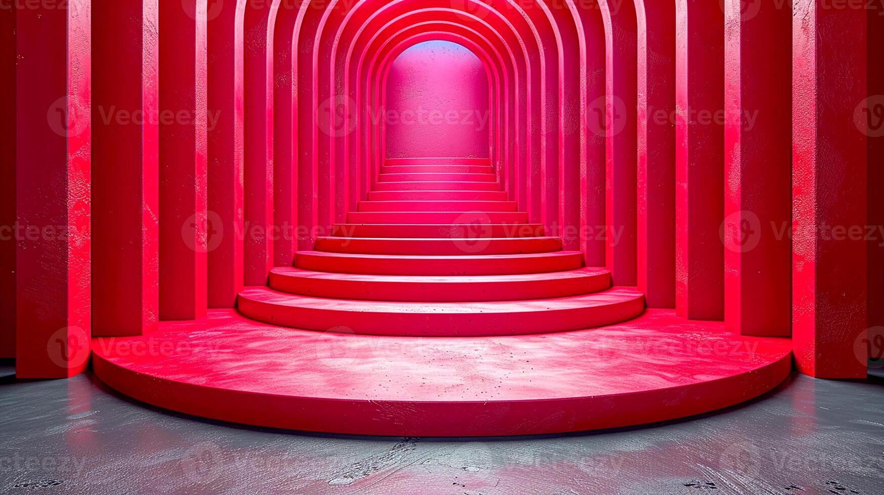 A red staircase in a room with a light coming from the top photo