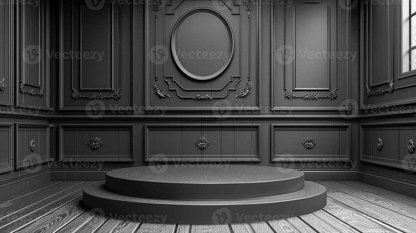 An empty room with a wooden floor and a round window photo