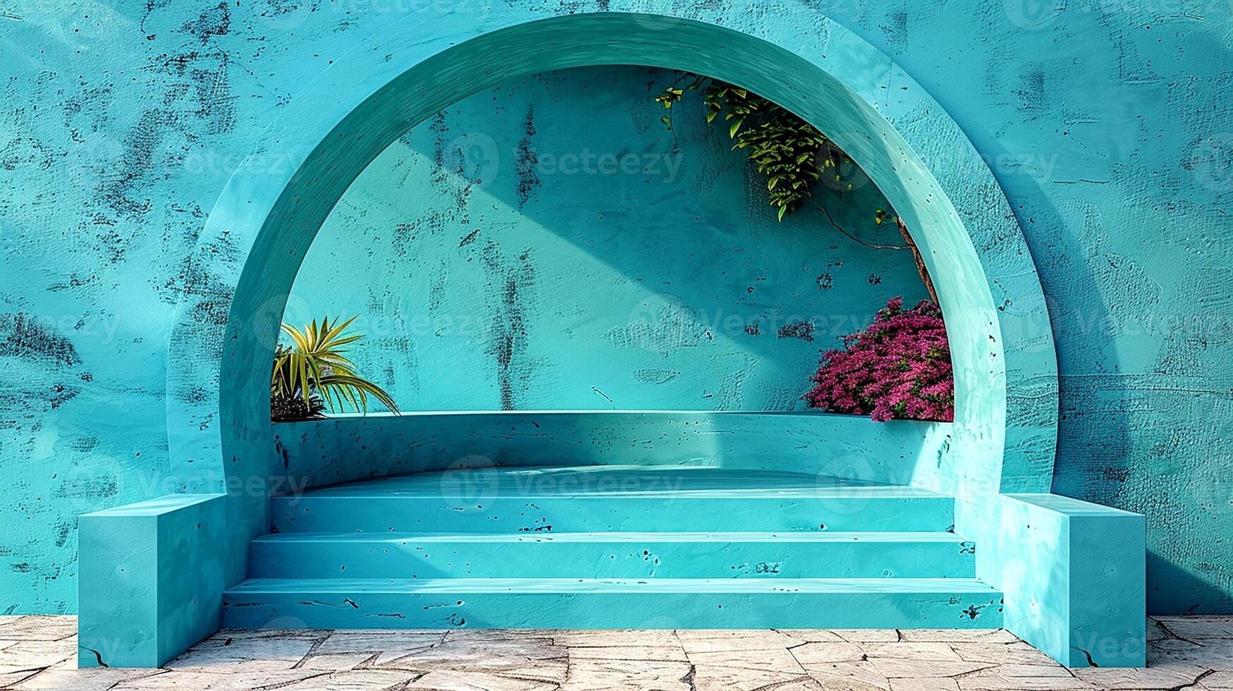 A blue wall with a bench and a flower pot photo
