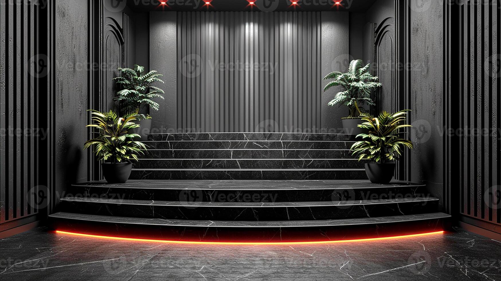 Black marble stairs with red lighting and plants photo