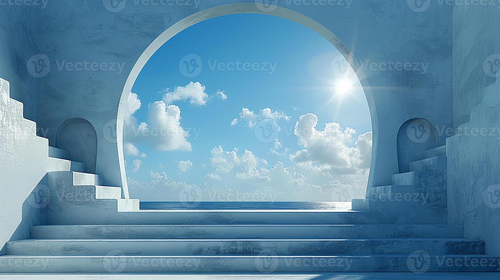 A white room with steps leading to a blue sky photo