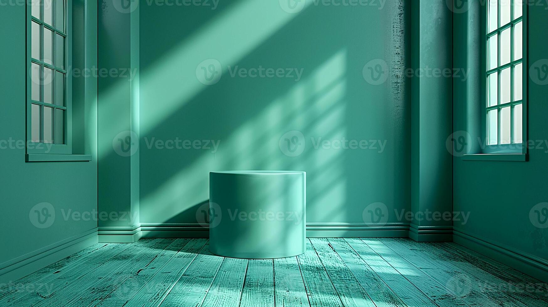 A green room with a tall green cylinder sitting on the floor photo