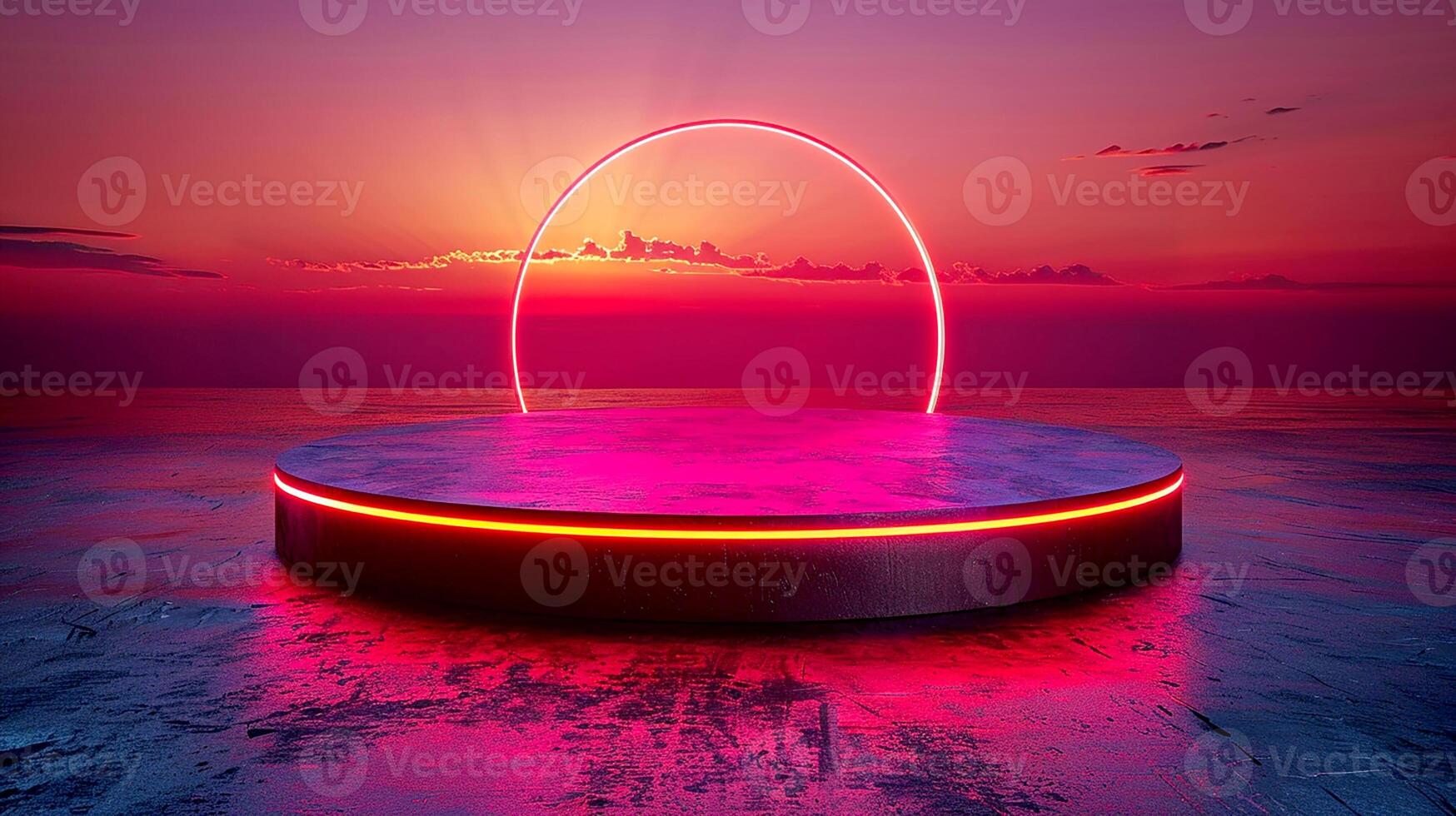 A neon sign on a platform in front of a sunset photo
