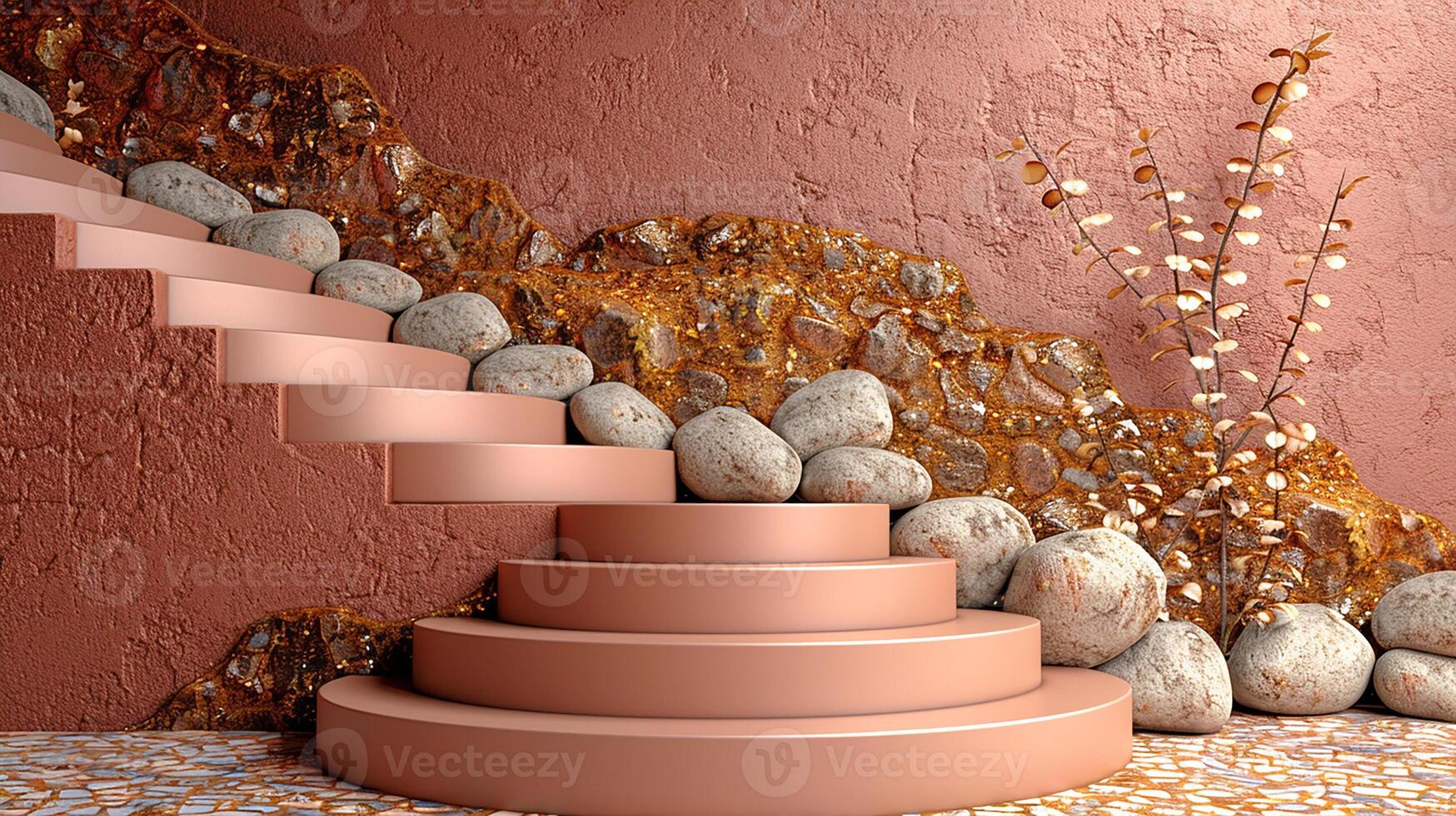A pink stairway with rocks and plants photo