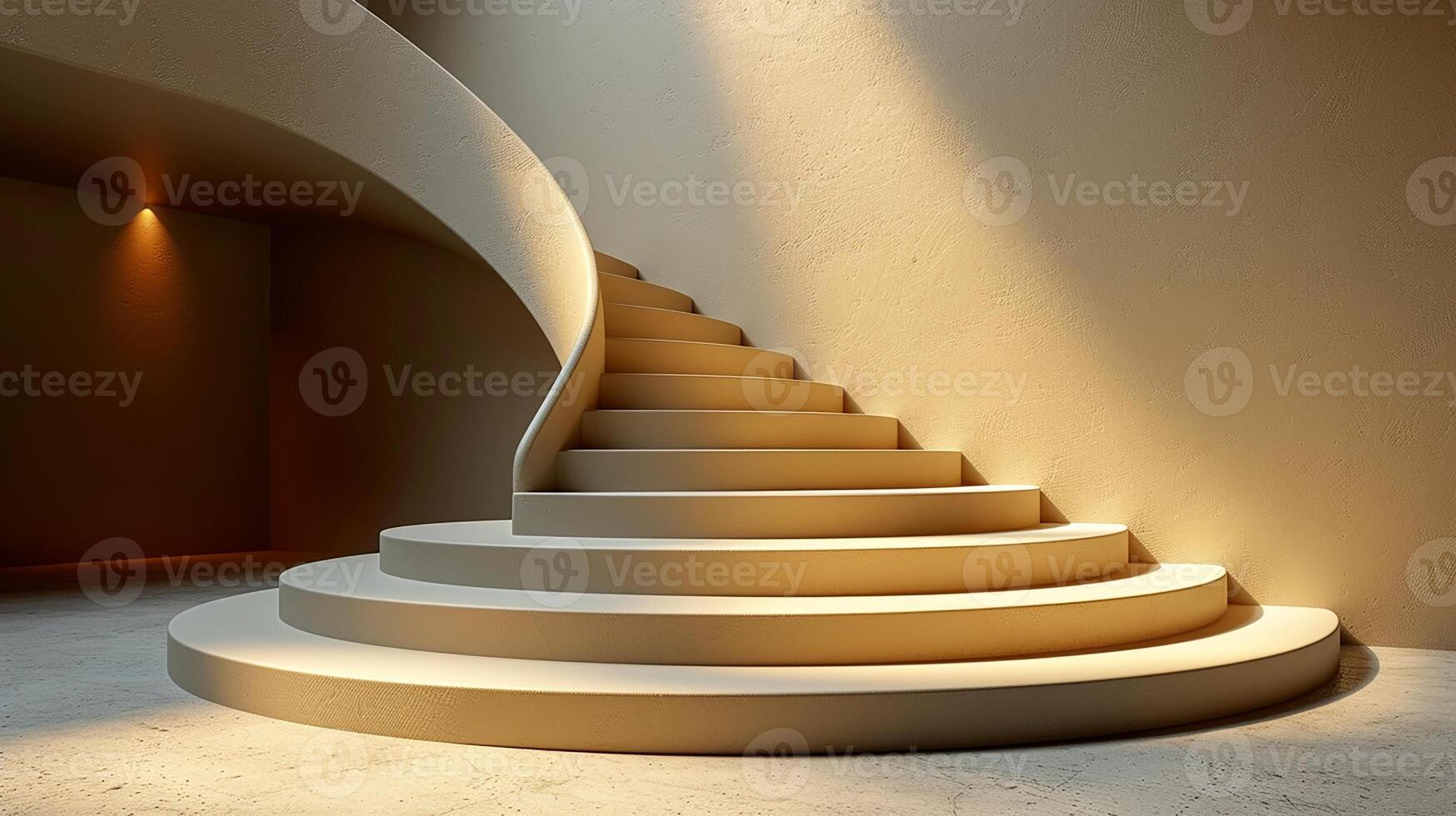 A white staircase in a room with a light coming from the top photo