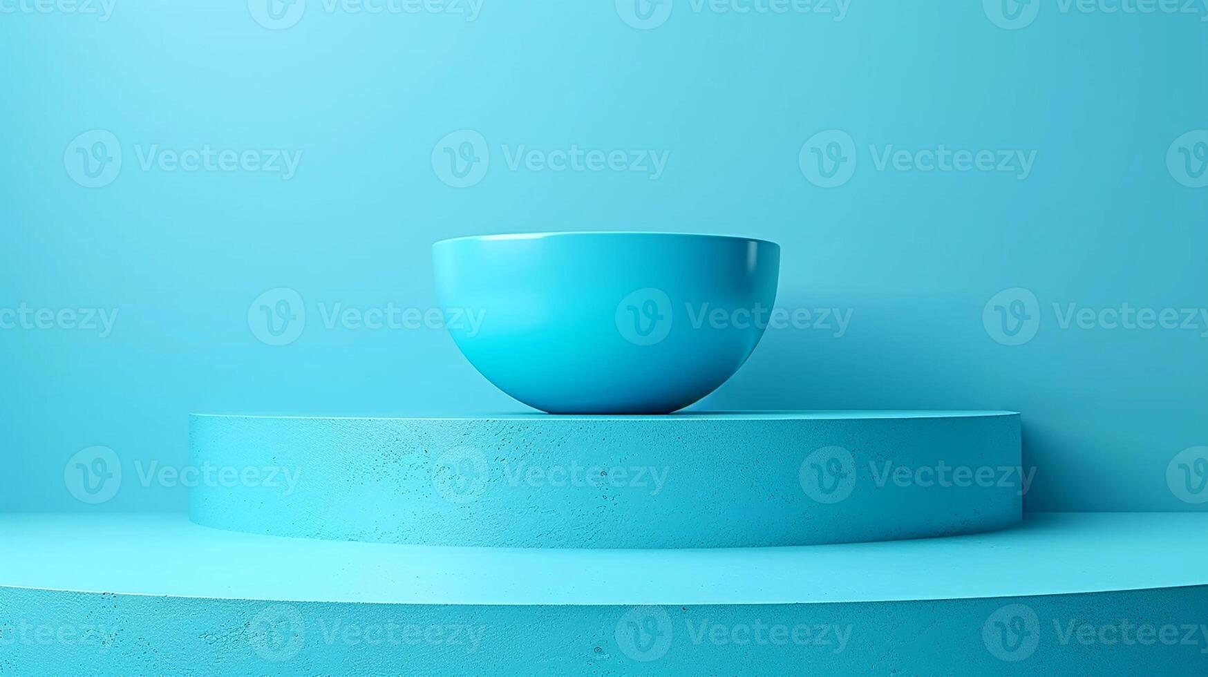 A blue cup sitting on a pedestal in front of a blue wall photo