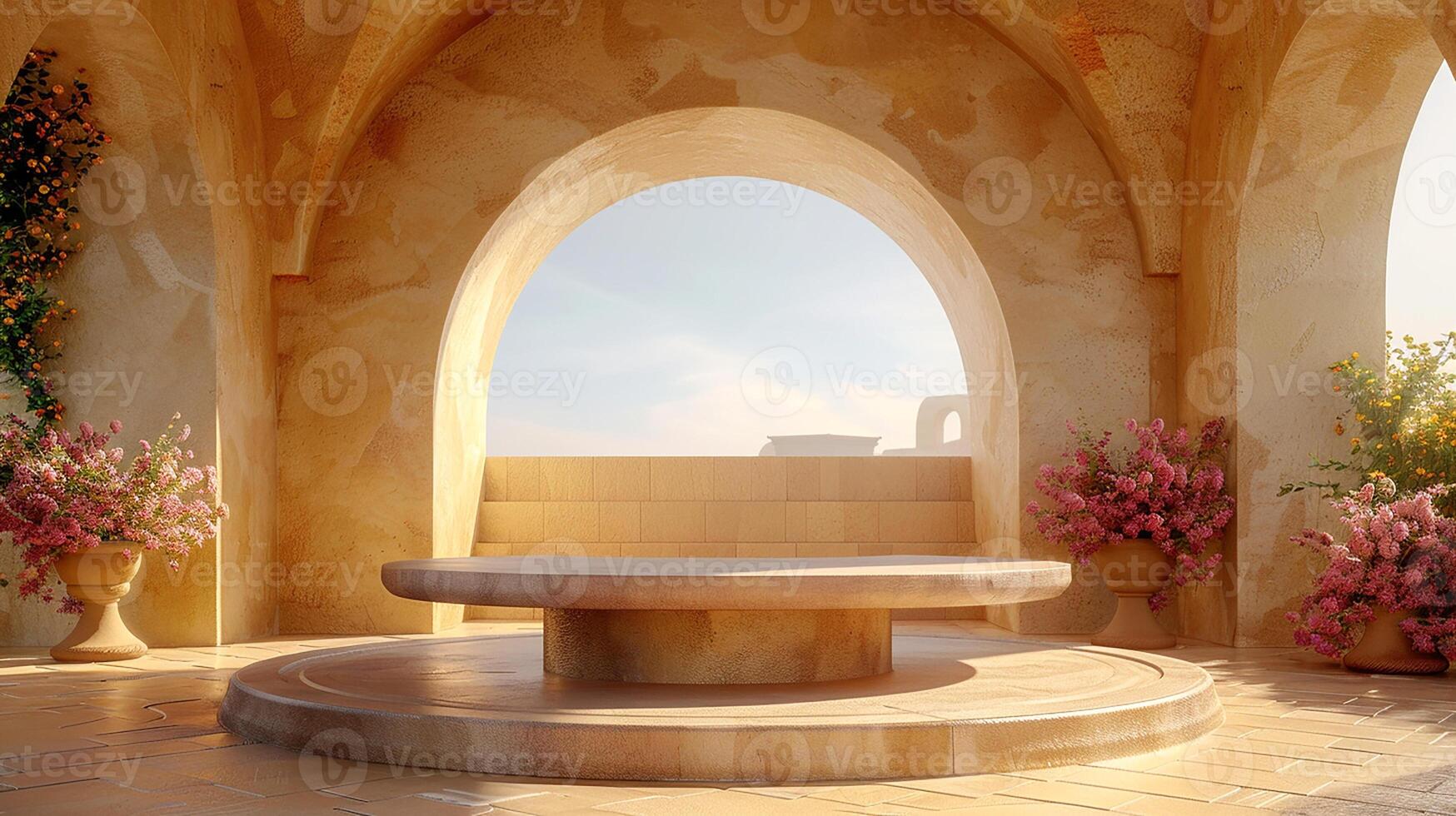 A stone bench in a room with flowers and a window photo