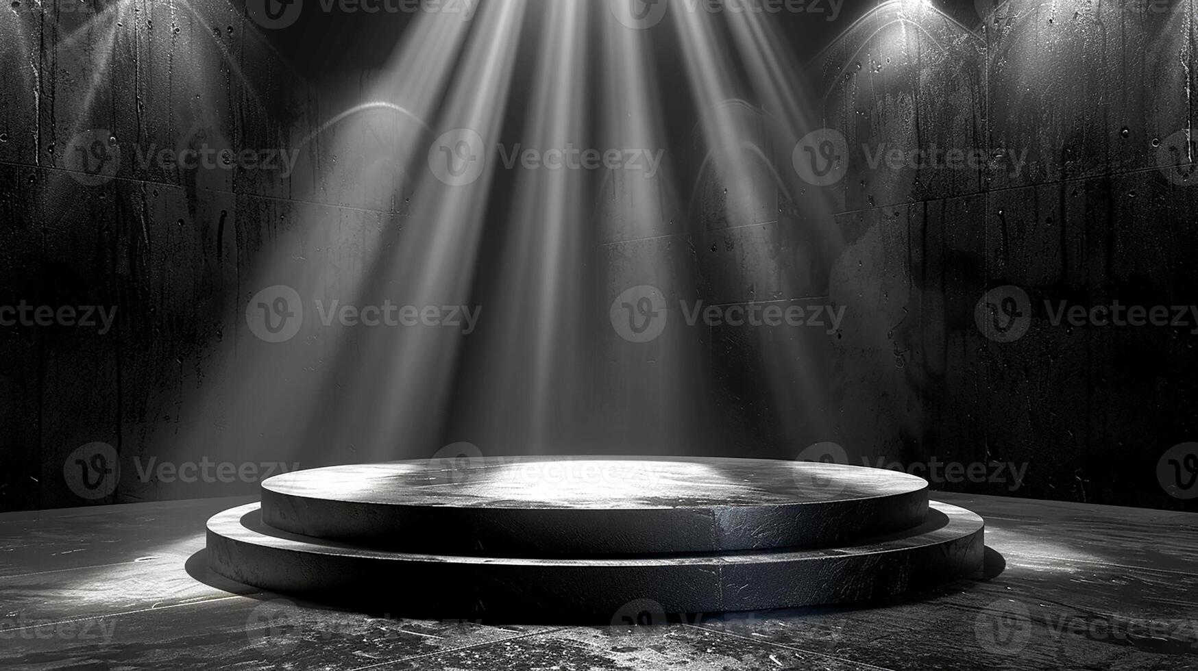 A black and white photo of a stage with light beams