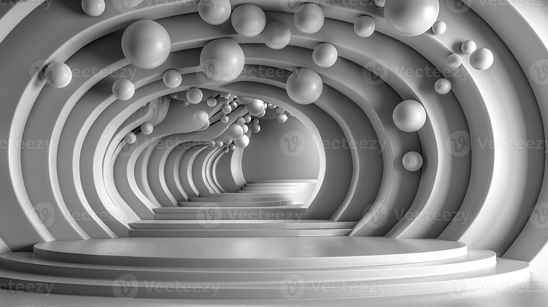 3d rendering of a stage with many balloons photo
