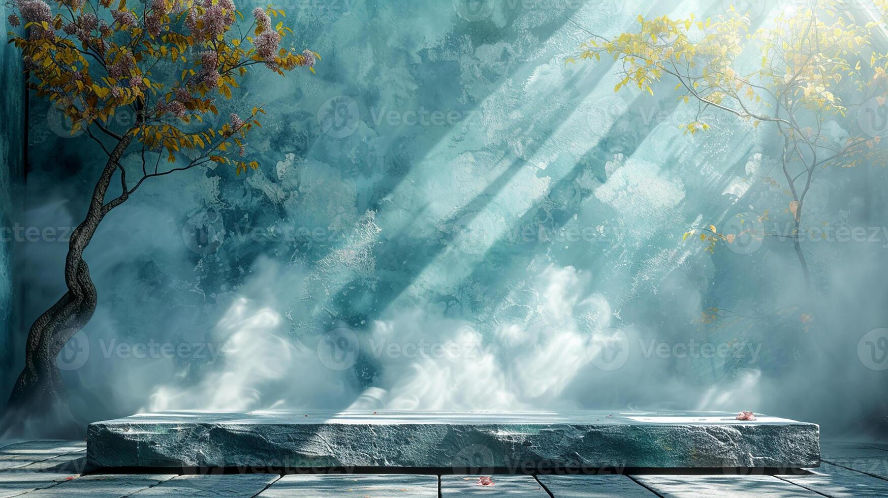 An image of a stone bench in a room with water photo