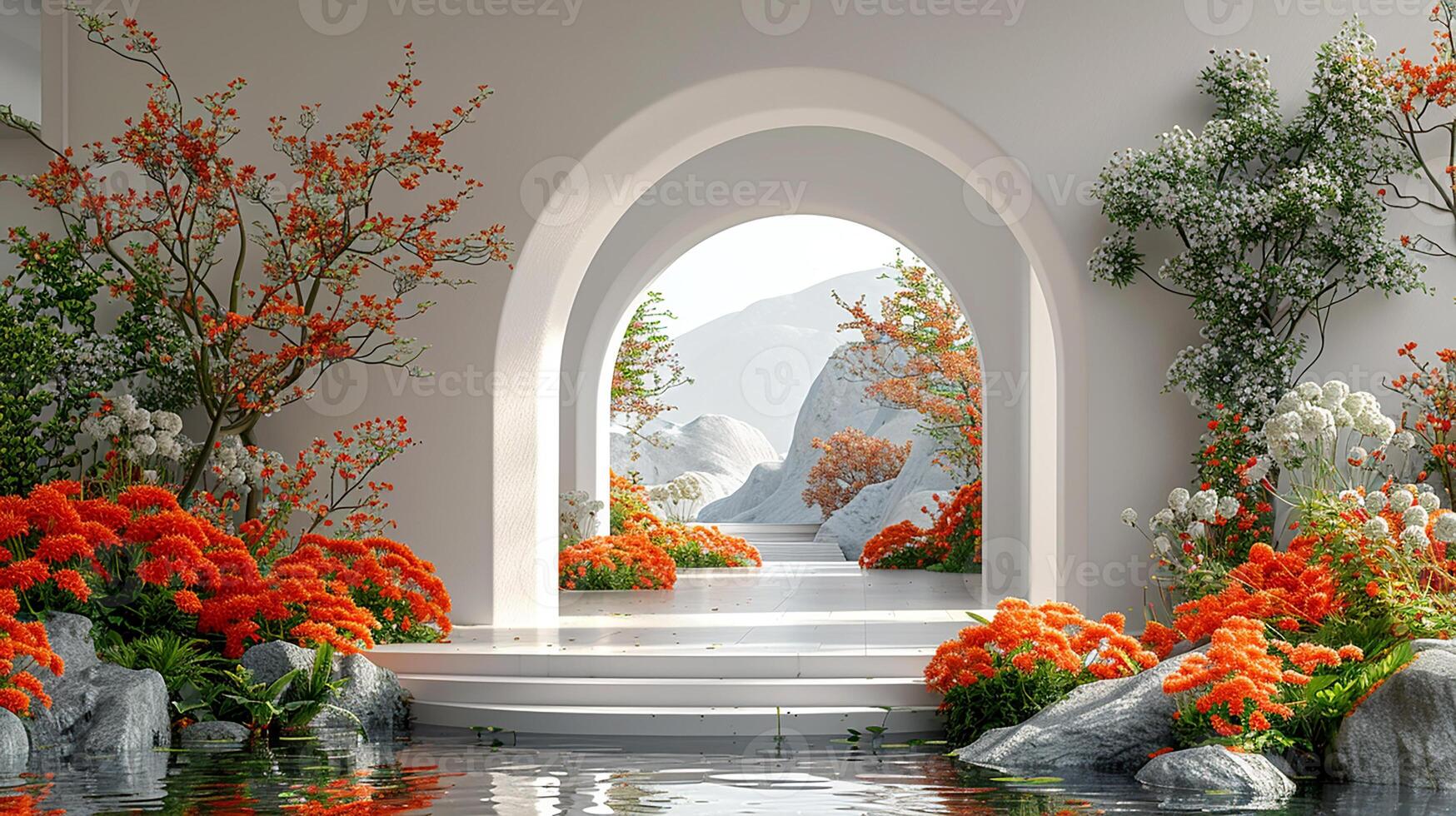 A white archway leads to a pond with orange flowers photo