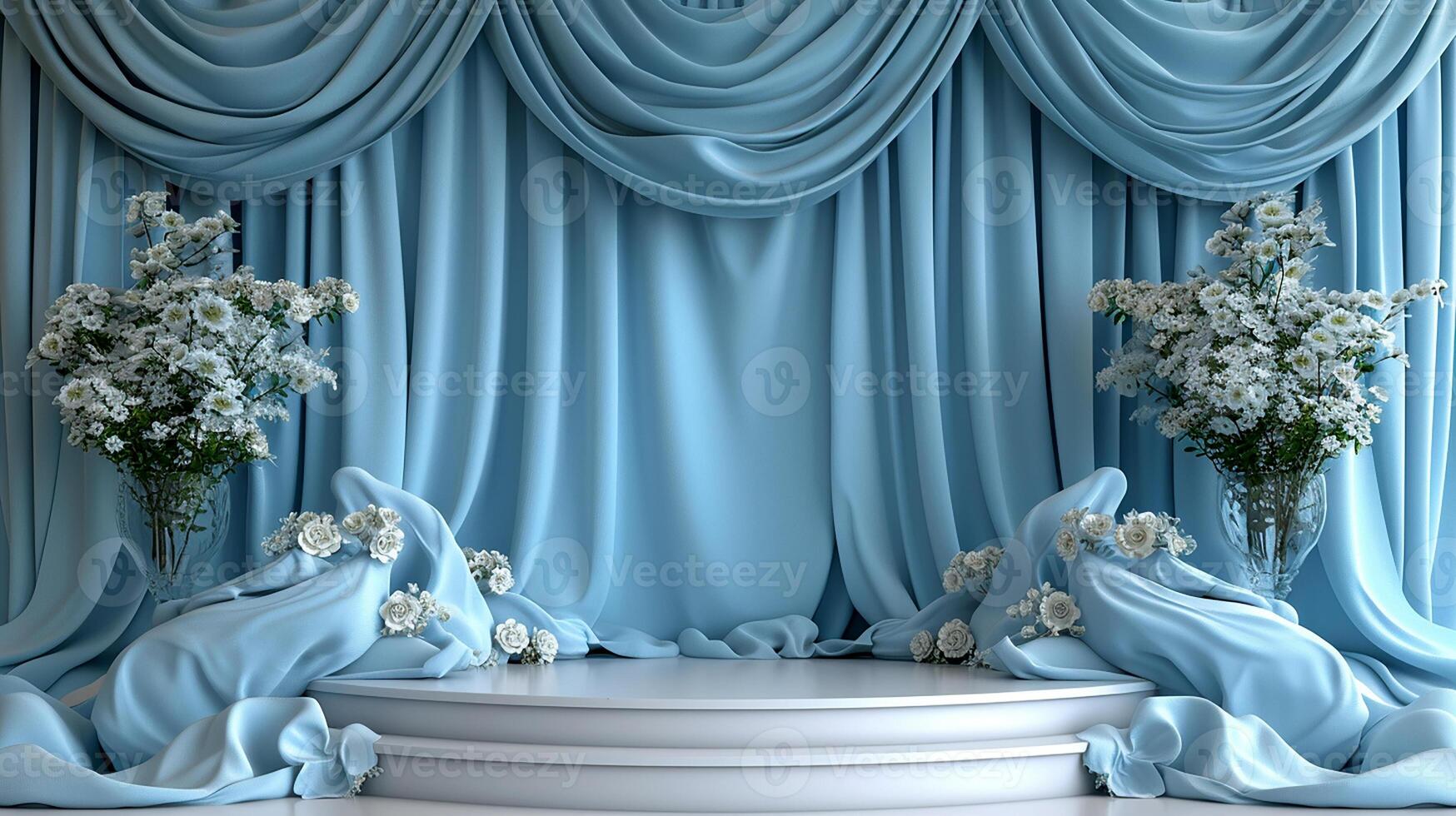 A stage with blue curtains and flowers photo