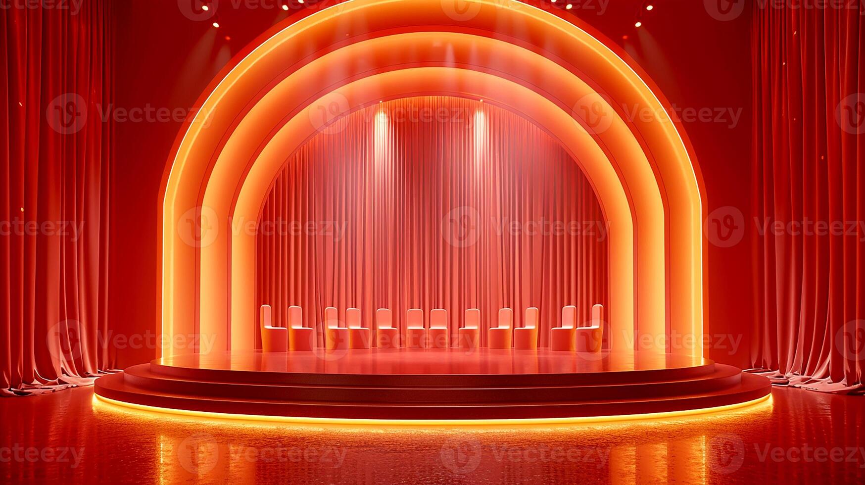 Stage with red curtain and chairs photo
