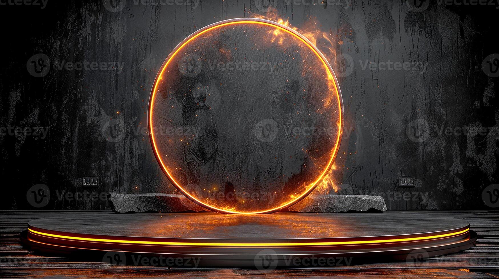 An empty stage with a circular ring of fire photo