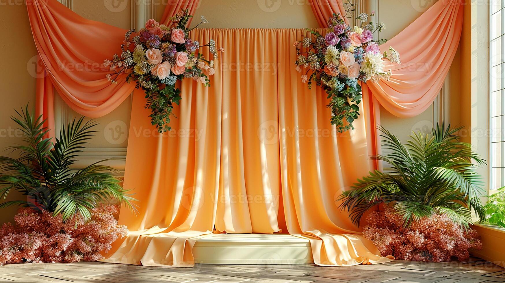 A wedding stage with orange curtains and flowers photo
