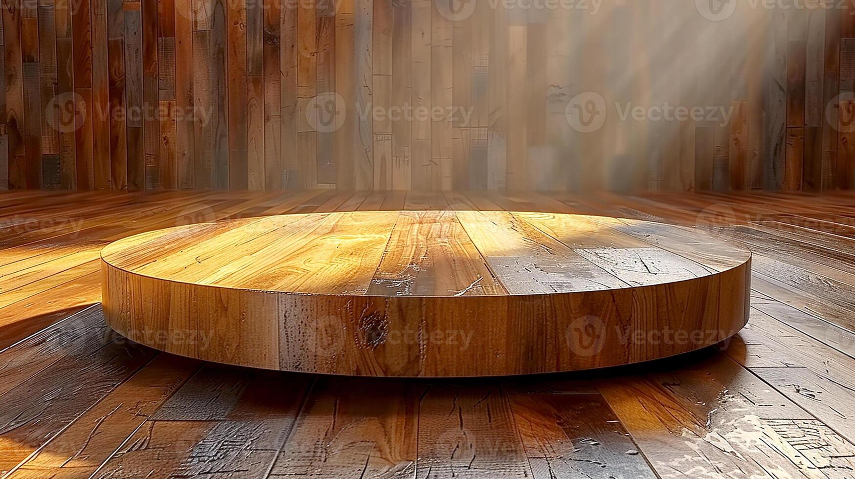 A wooden round table in a room with sunlight photo