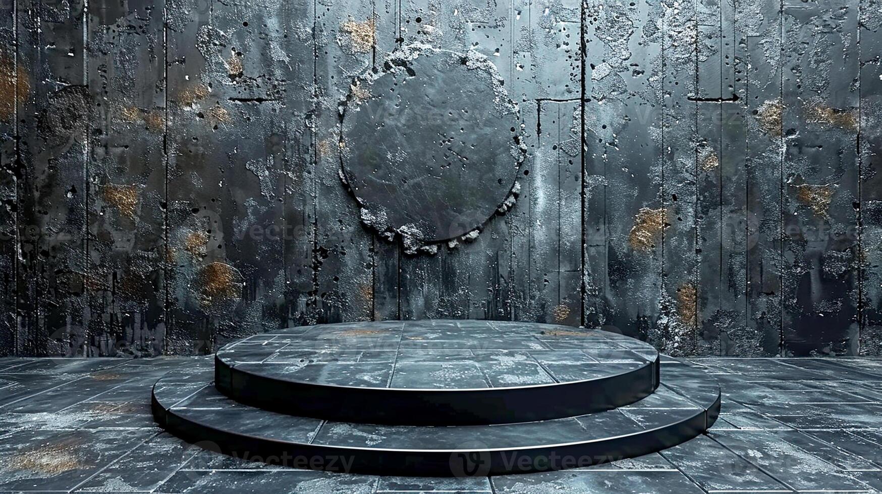 A large empty room with a circular stage in front of it photo