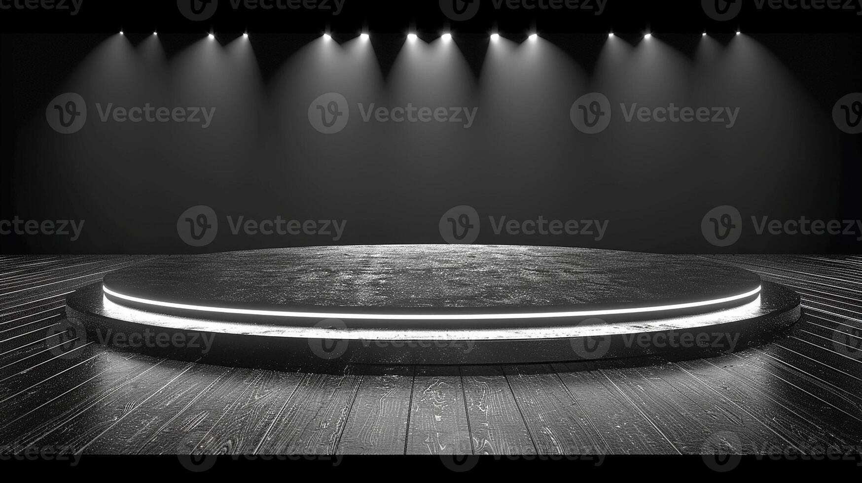 Black and white photo of a stage with lights