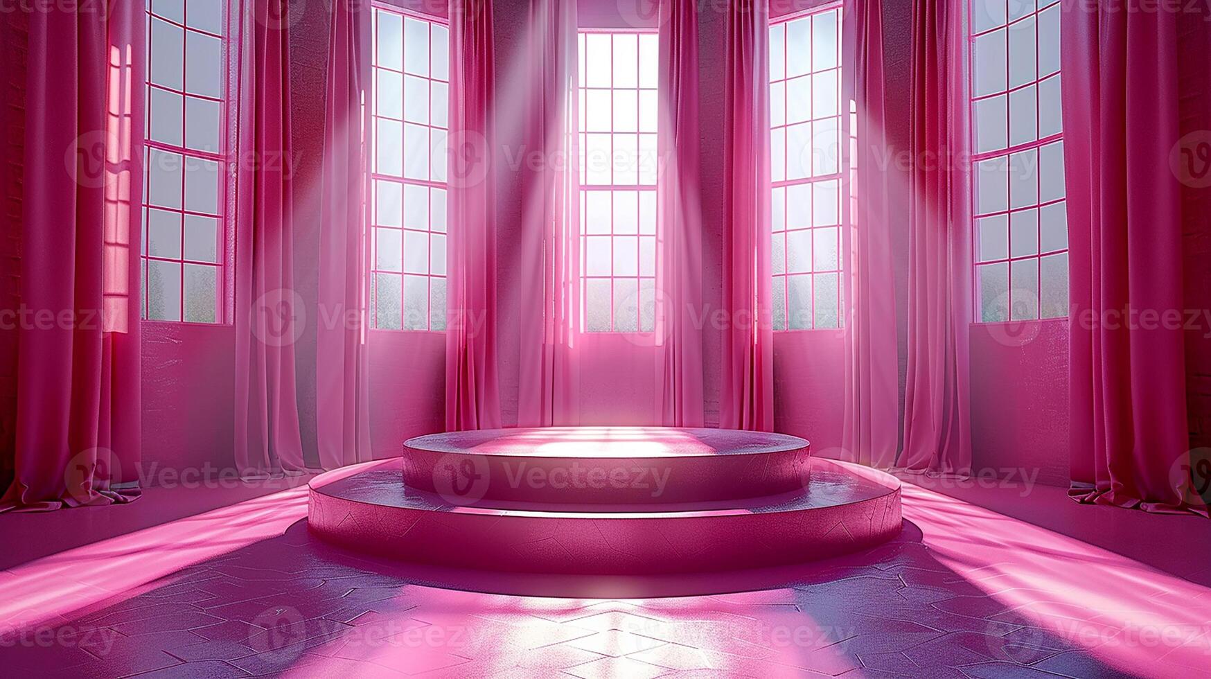 A pink room with a round table in the middle photo