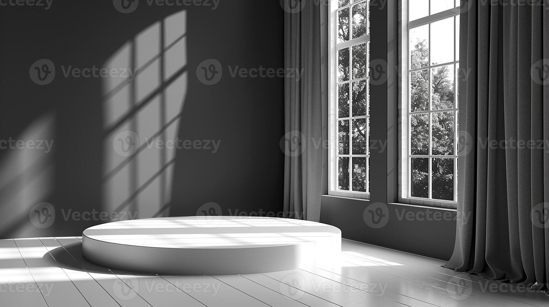 Empty room with white floor and large windows photo