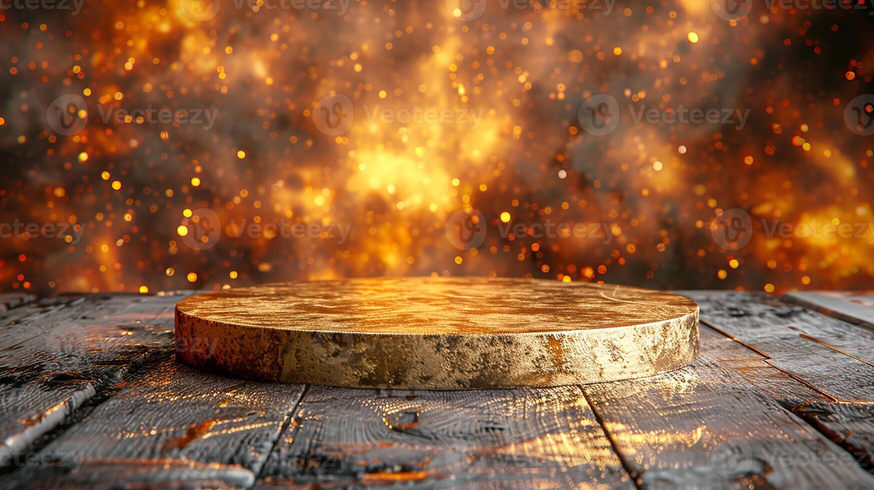 Golden pedestal on wooden table with fire background photo