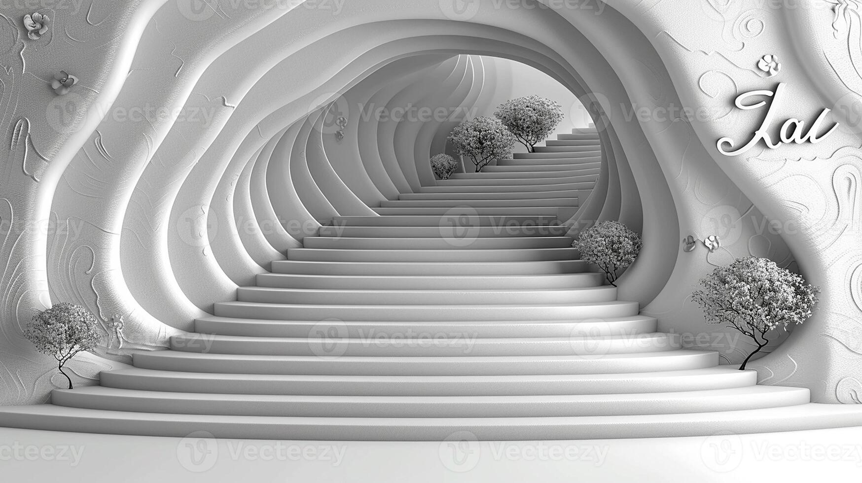 A stairway with a tree in the middle and a sign that says jal photo