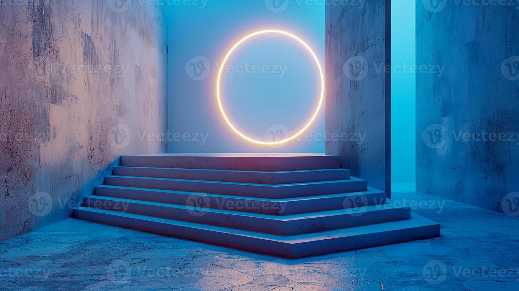 A blue room with a circular light in the middle photo