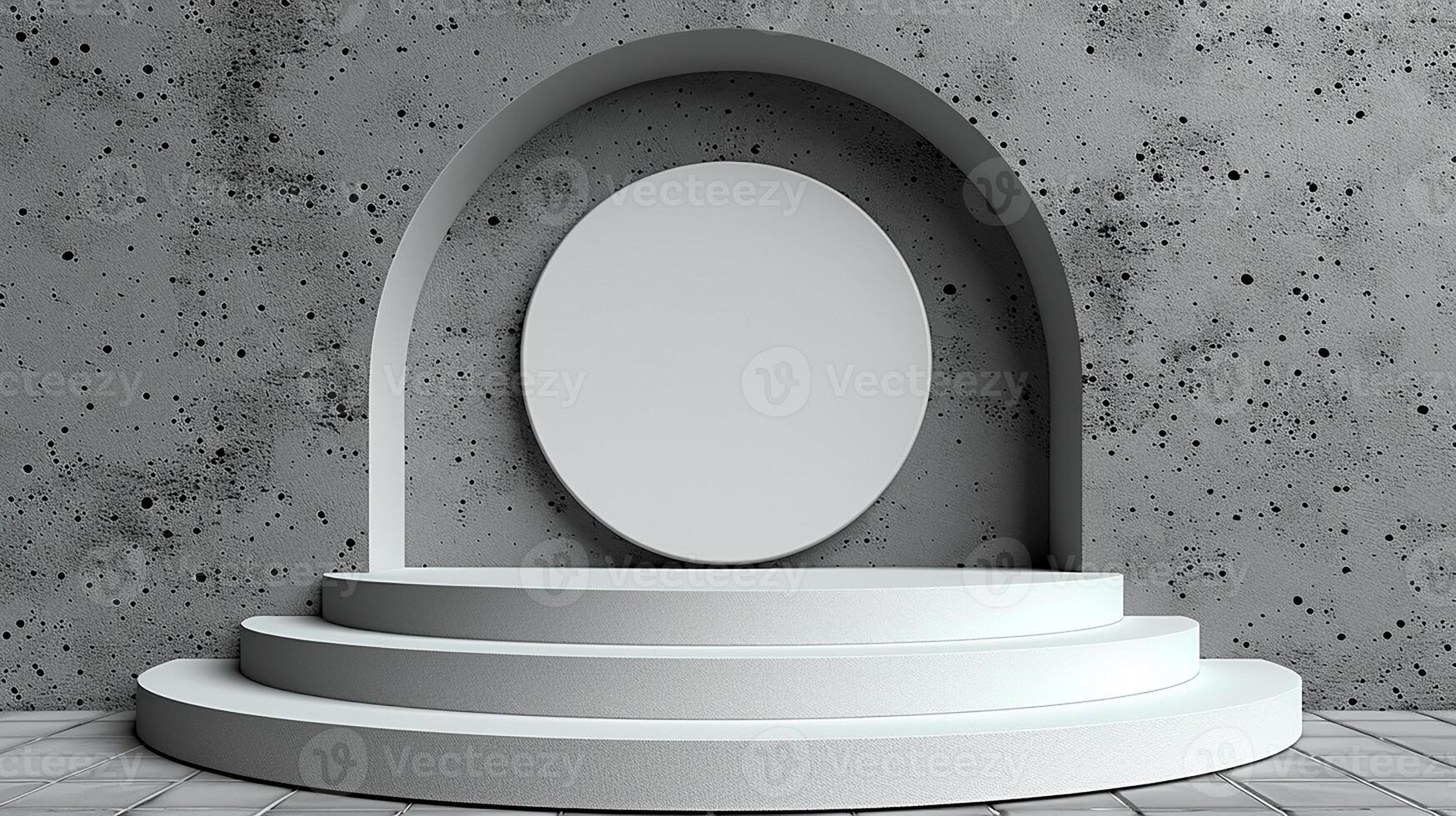Empty podium with white circular frame on concrete wall photo