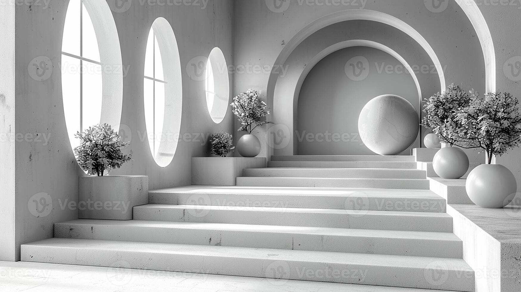 3d rendering of a white room with stairs and vases photo