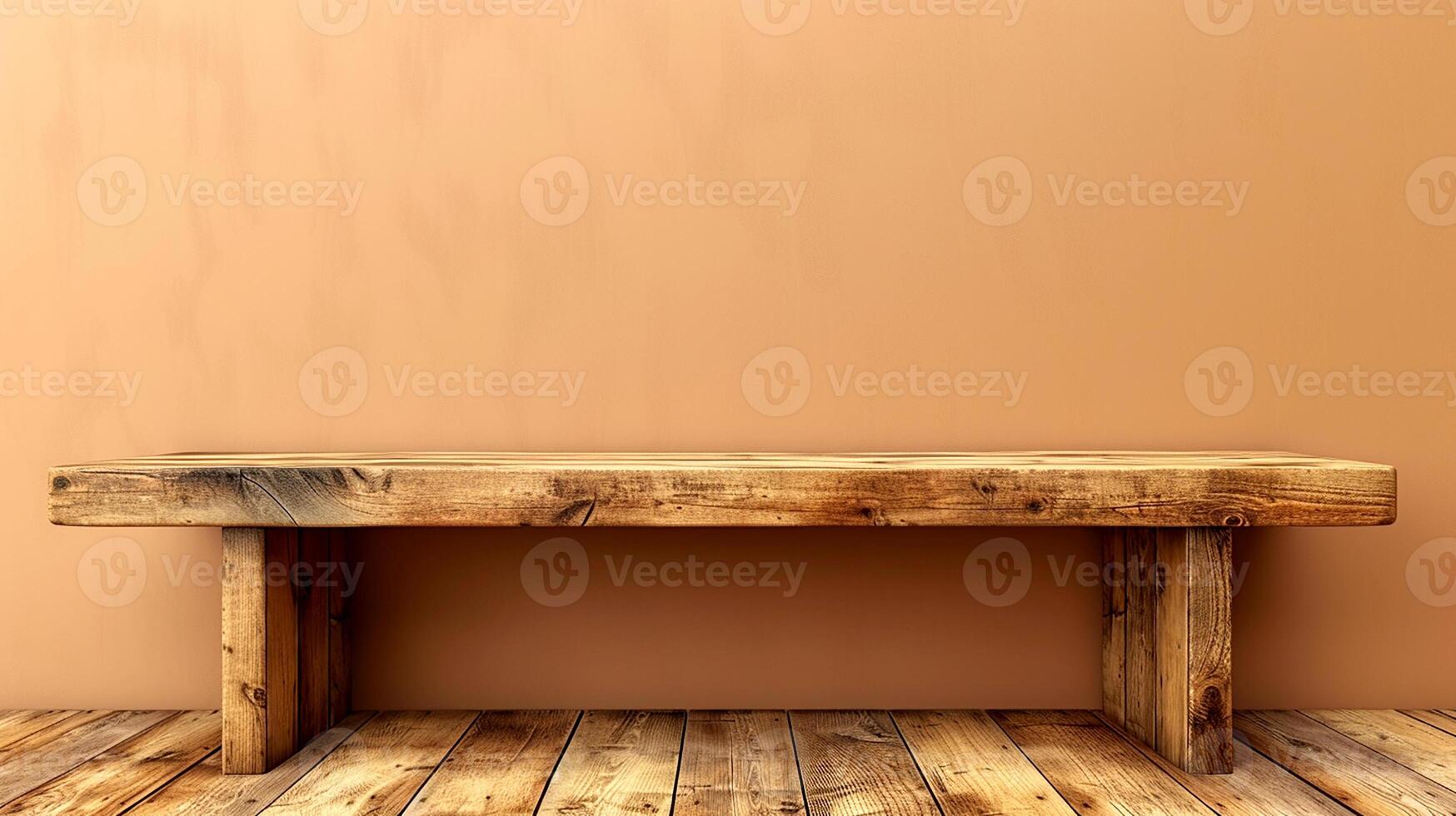 A wooden bench in front of a wall photo