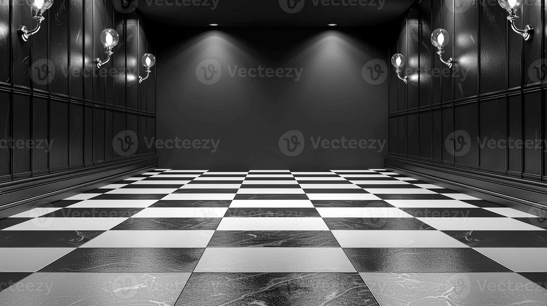 Black and white photo of a hallway with black and white tiles
