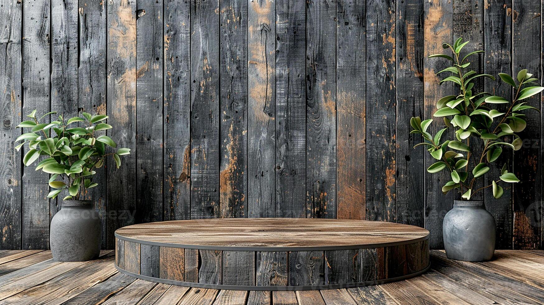 A wooden floor with a round table and two vases photo