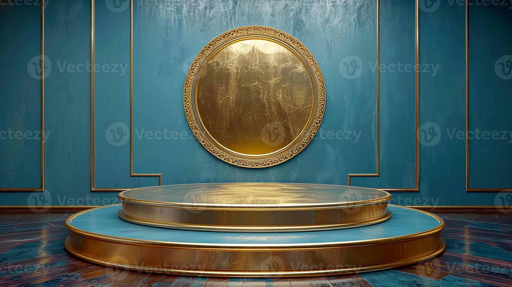 Golden podium with a round mirror in front of it photo