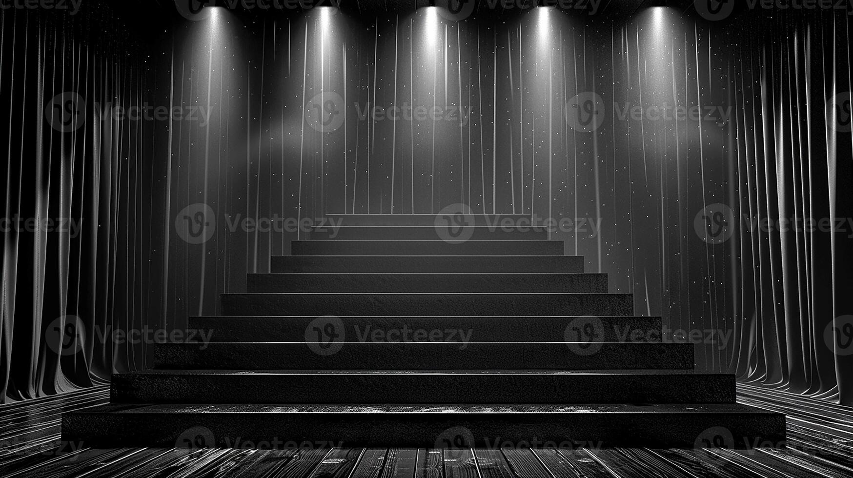 Black and white photo of a stage with a spotlight