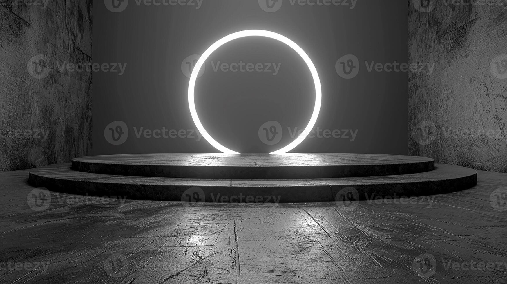 An empty room with a circular light on the floor photo