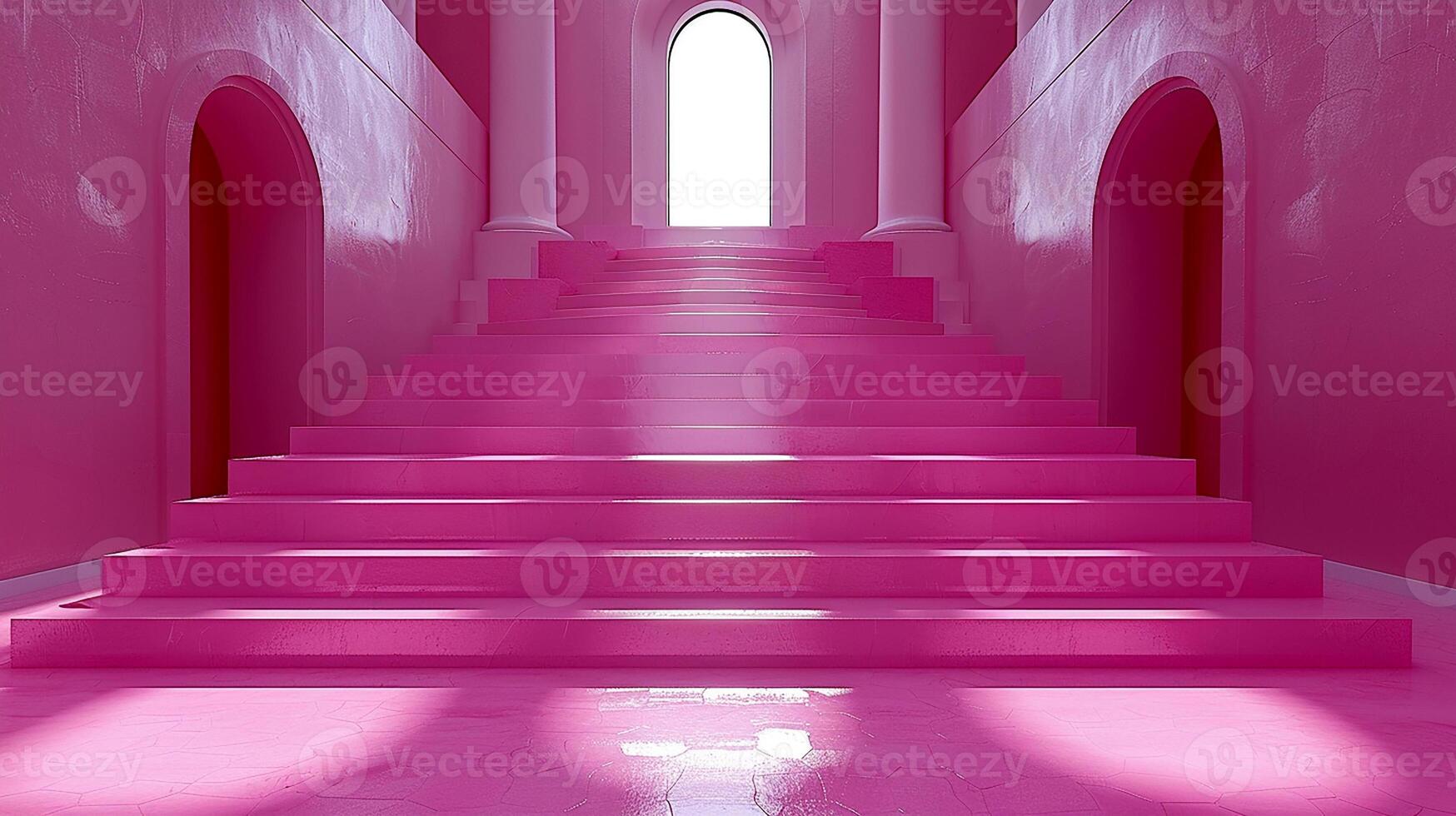 A pink stairway leads to a lighted window photo