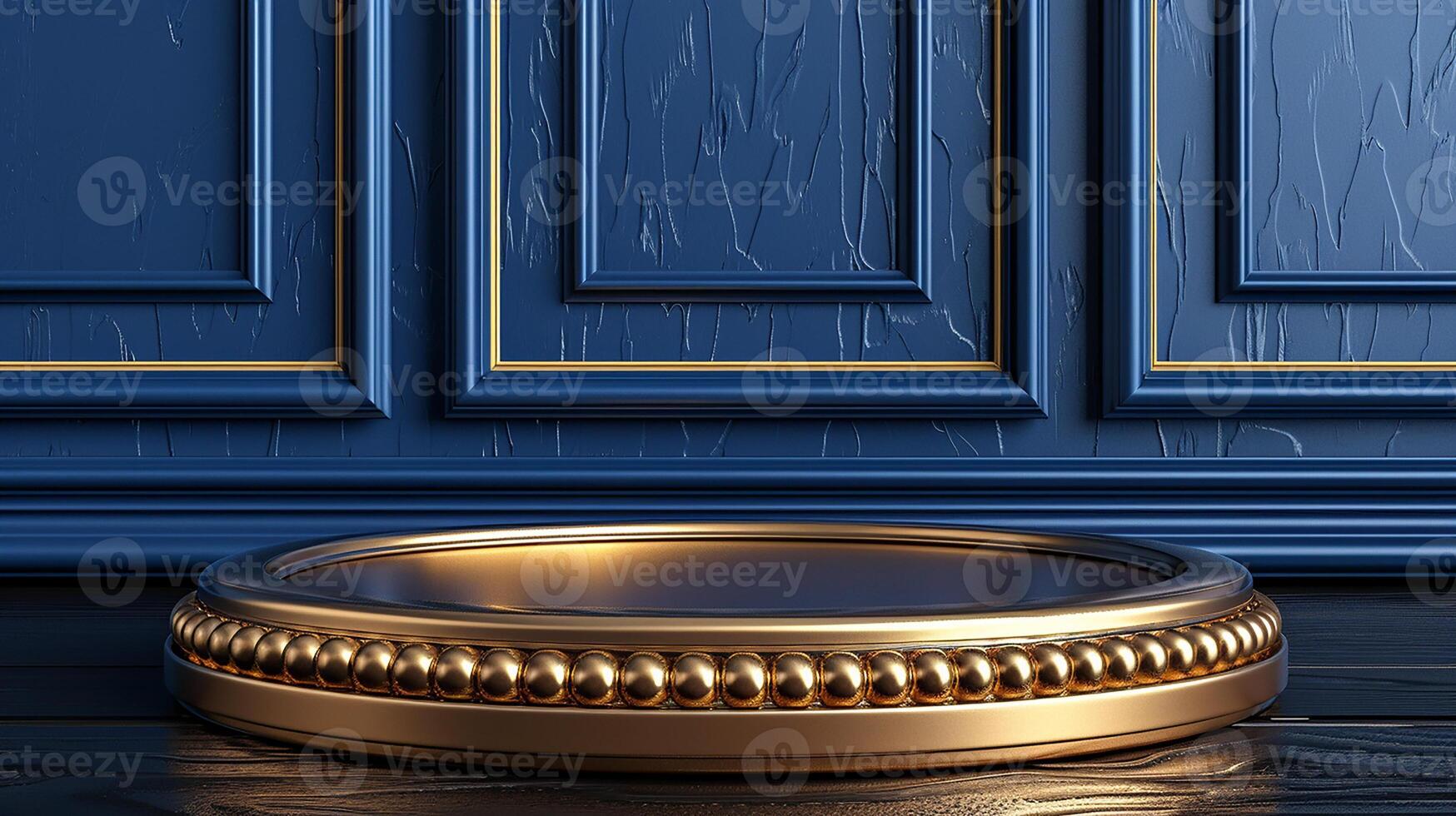 A golden ring on a wooden floor in front of a blue door photo