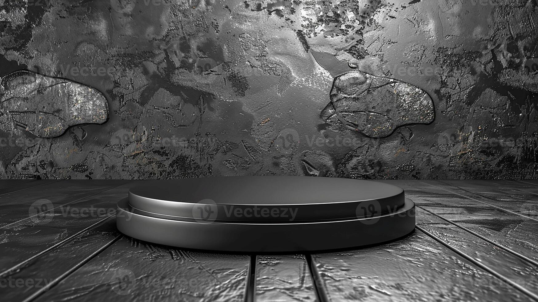A black pedestal on a wooden floor in front of a wall photo