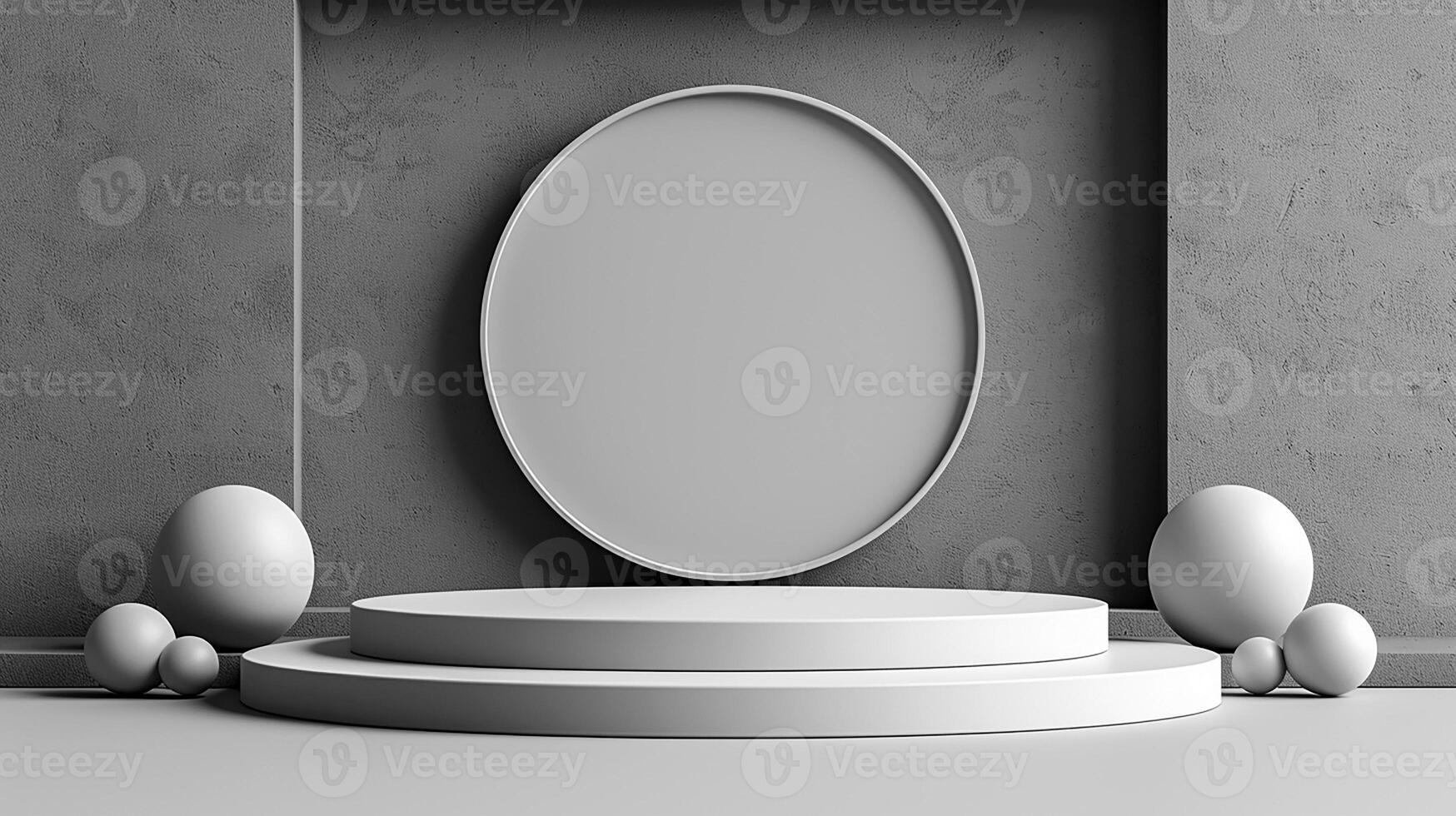 Empty podium with white eggs and a round mirror photo