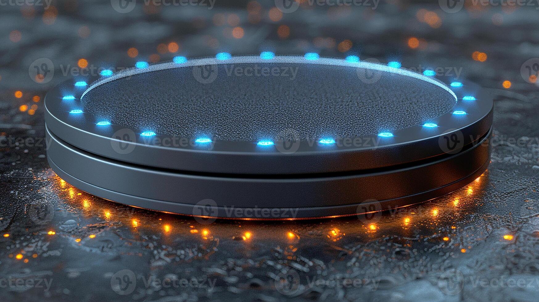 A black and blue lighted device sitting on a table photo