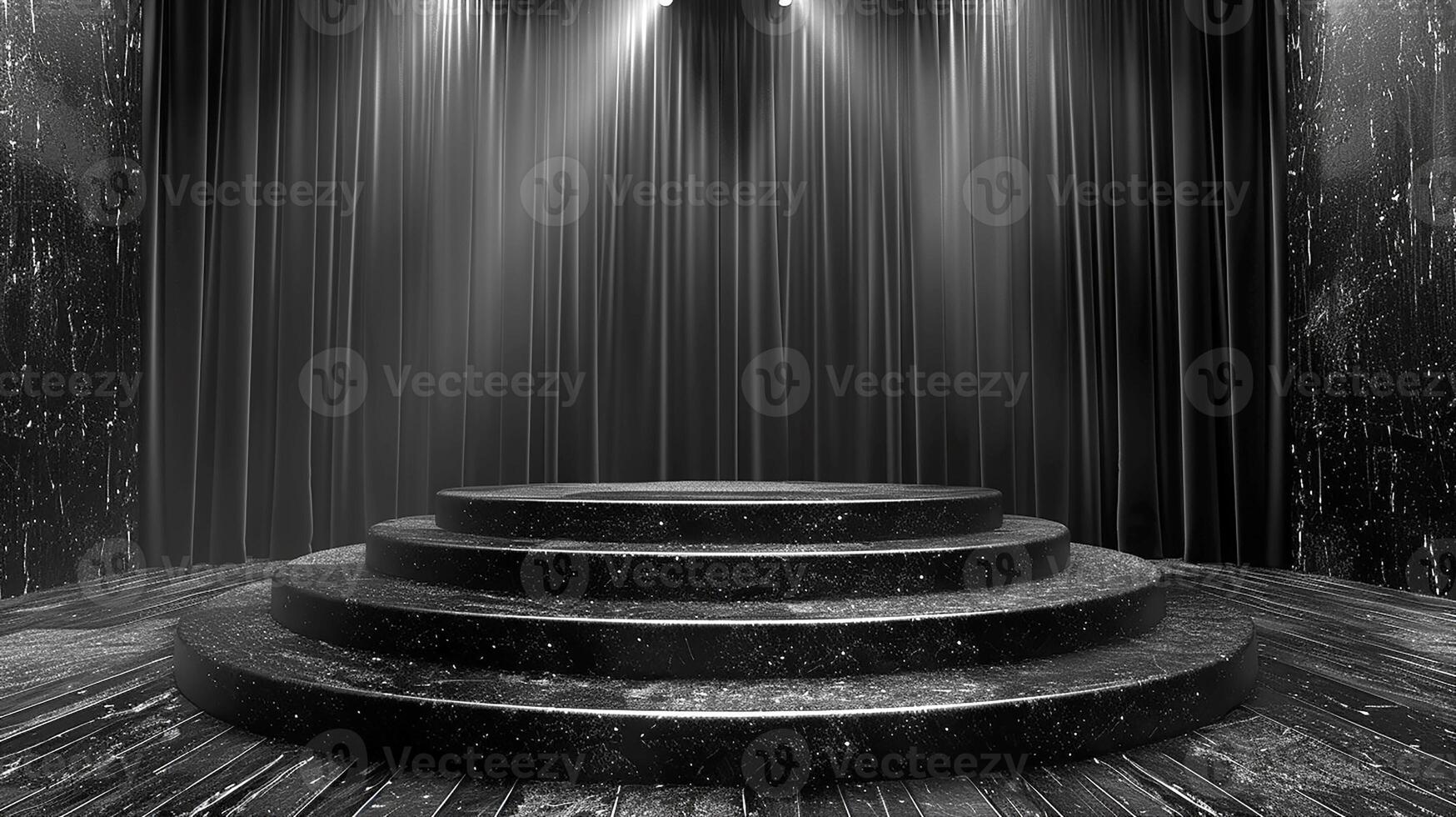 Black and white photo of a stage with a spotlight
