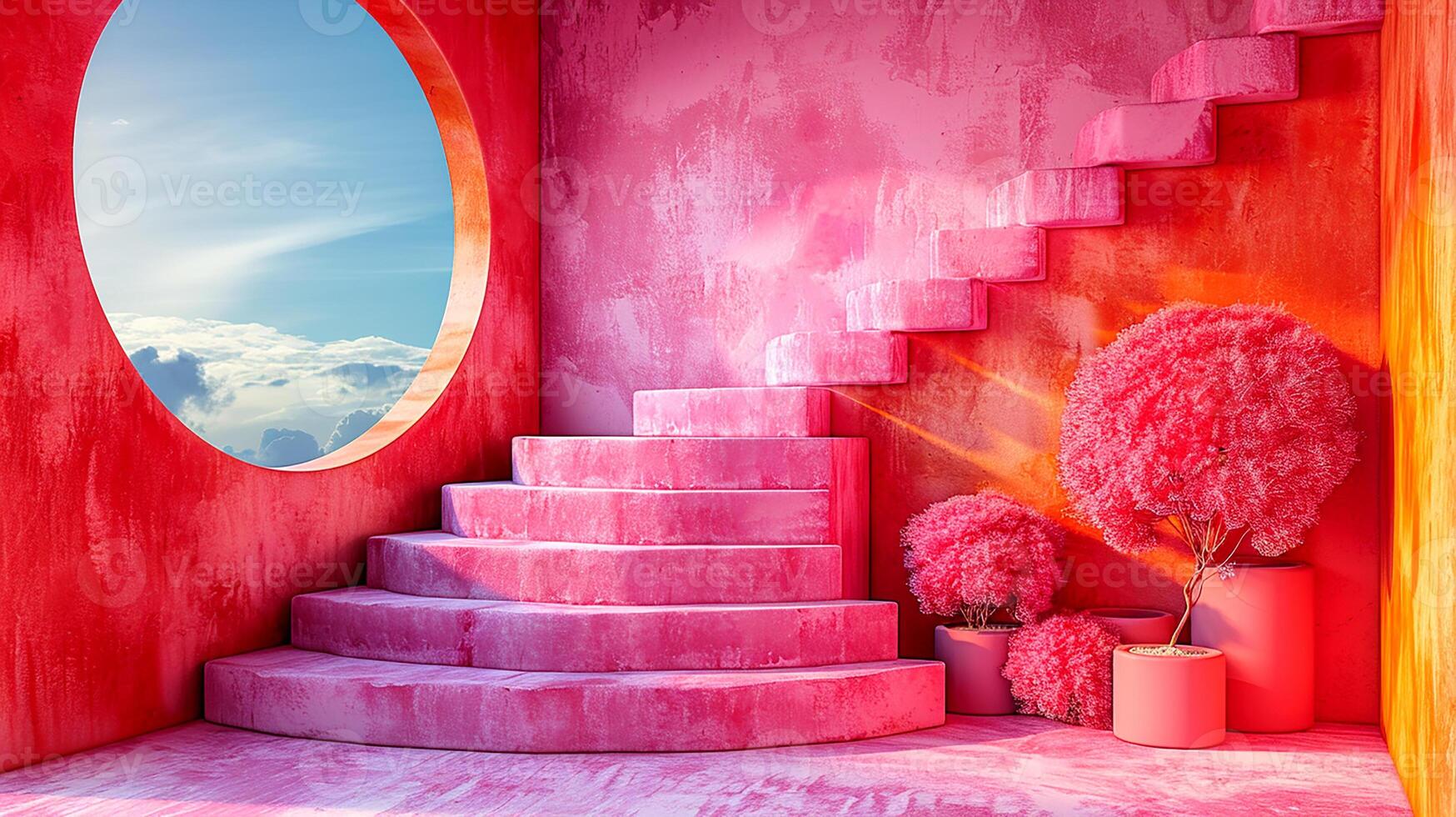 A pink room with stairs and a round window photo